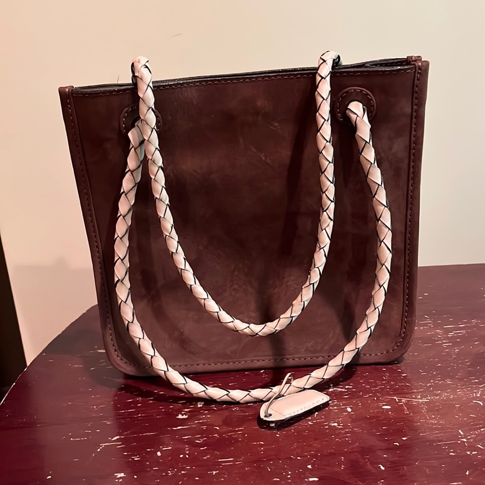 Brown suede bag with tan leather braided straps